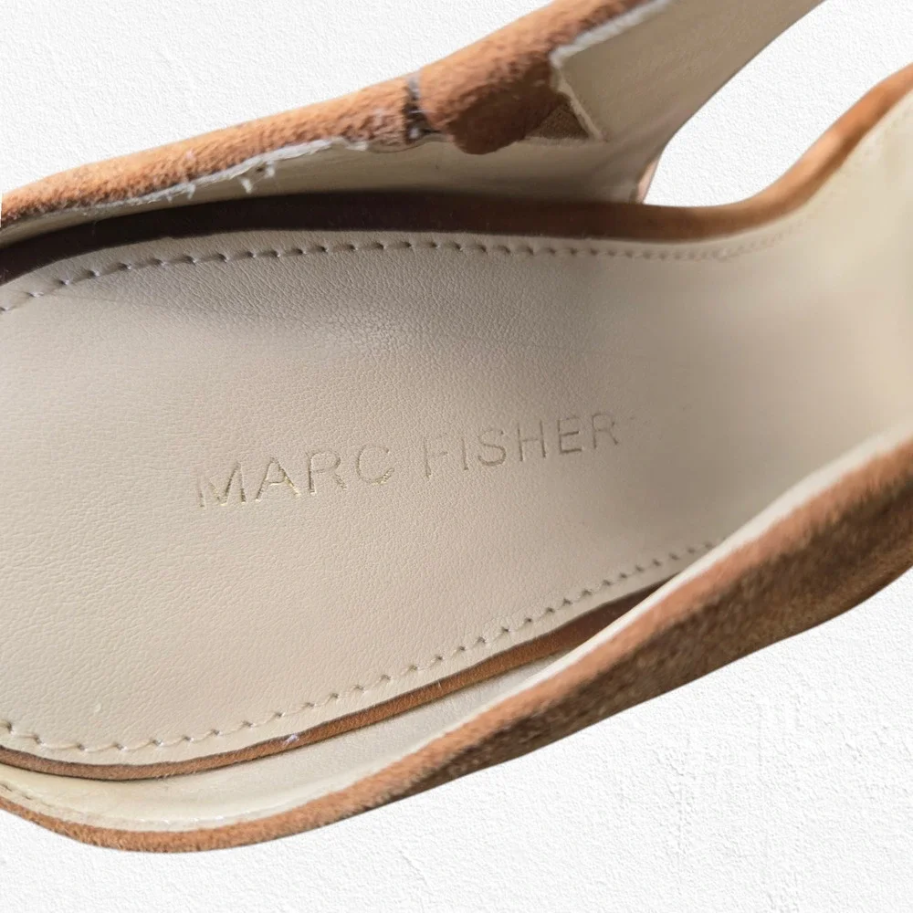 Marc Fisher Shelbee Tan Tawny Suede Slip On Cork Wedge Platform Sandals Size 7.5